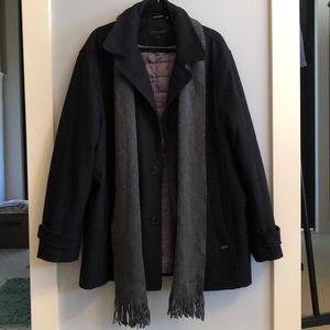 Men’s wool blend dress coat with scarf.